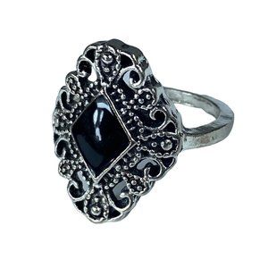 Silver Tone Filagree Ring Black Inlay Small Pinky Finger Approximate Size 6